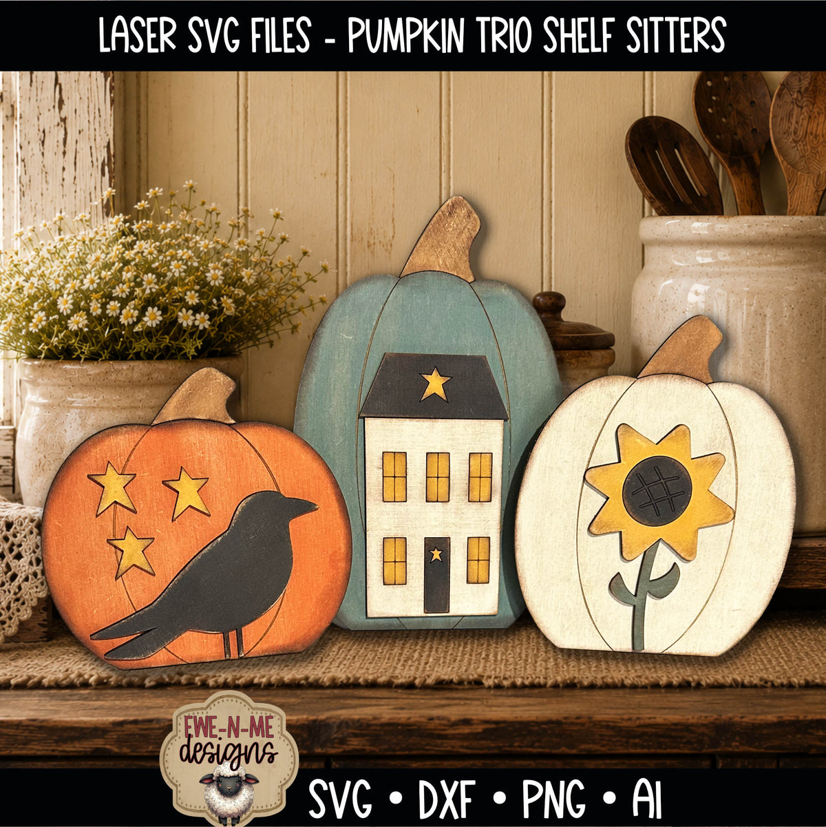 Primitive Pumpkin Shelf Sitter Trio | Laser Cut SVG Files