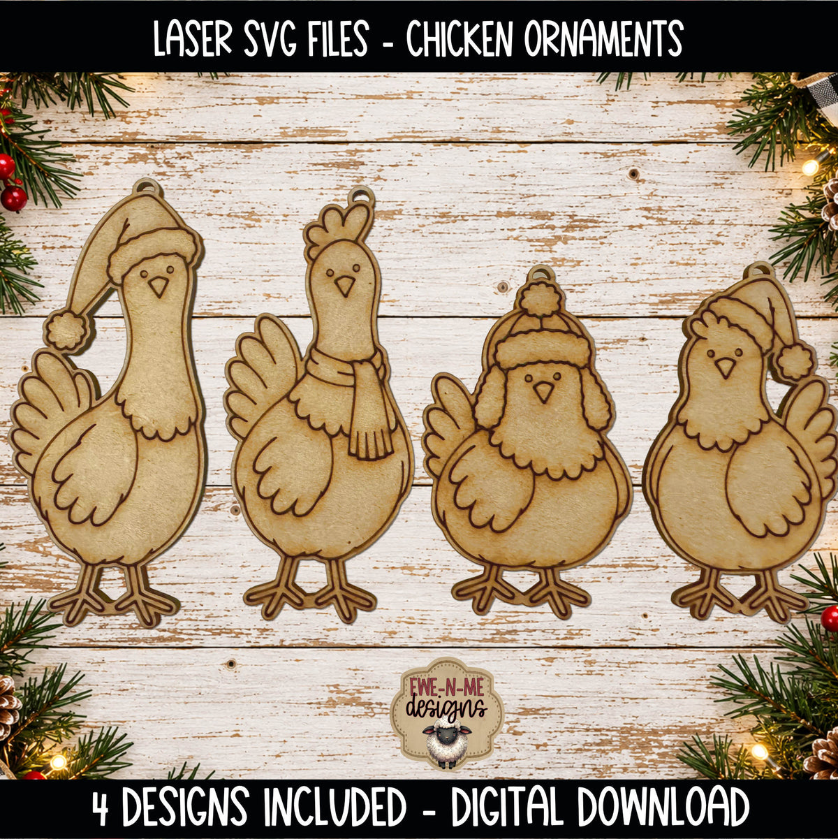 Christmas Chicken Ornaments | 4 Laser Cut SVG Files