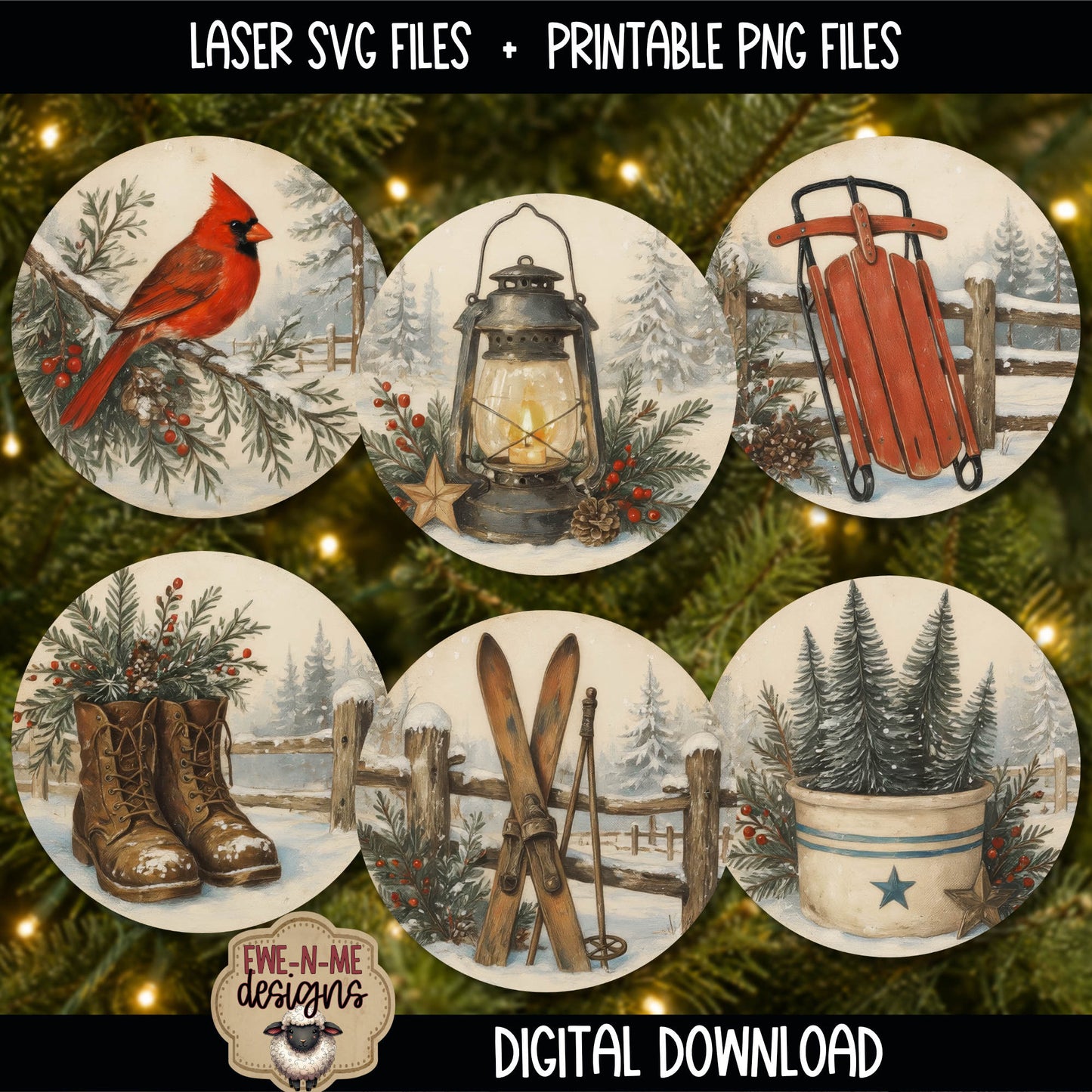 Rustic Winter Ornament Bundle | Laser Cut SVG File + Printable PNG Files with Bonus Sticker File