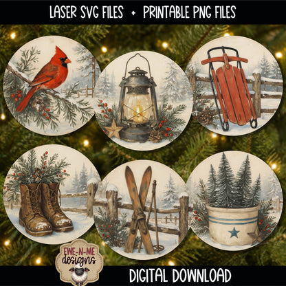Rustic Winter Ornament Bundle | Laser Cut SVG File + Printable PNG Files with Bonus Sticker File