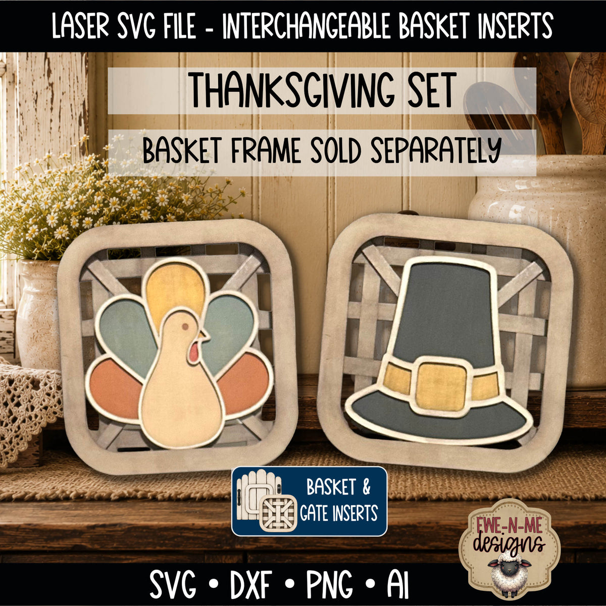 Interchangeable Tobacco Basket Inserts - Pilgrim Hat and Turkey | Laser Cut SVG Files
