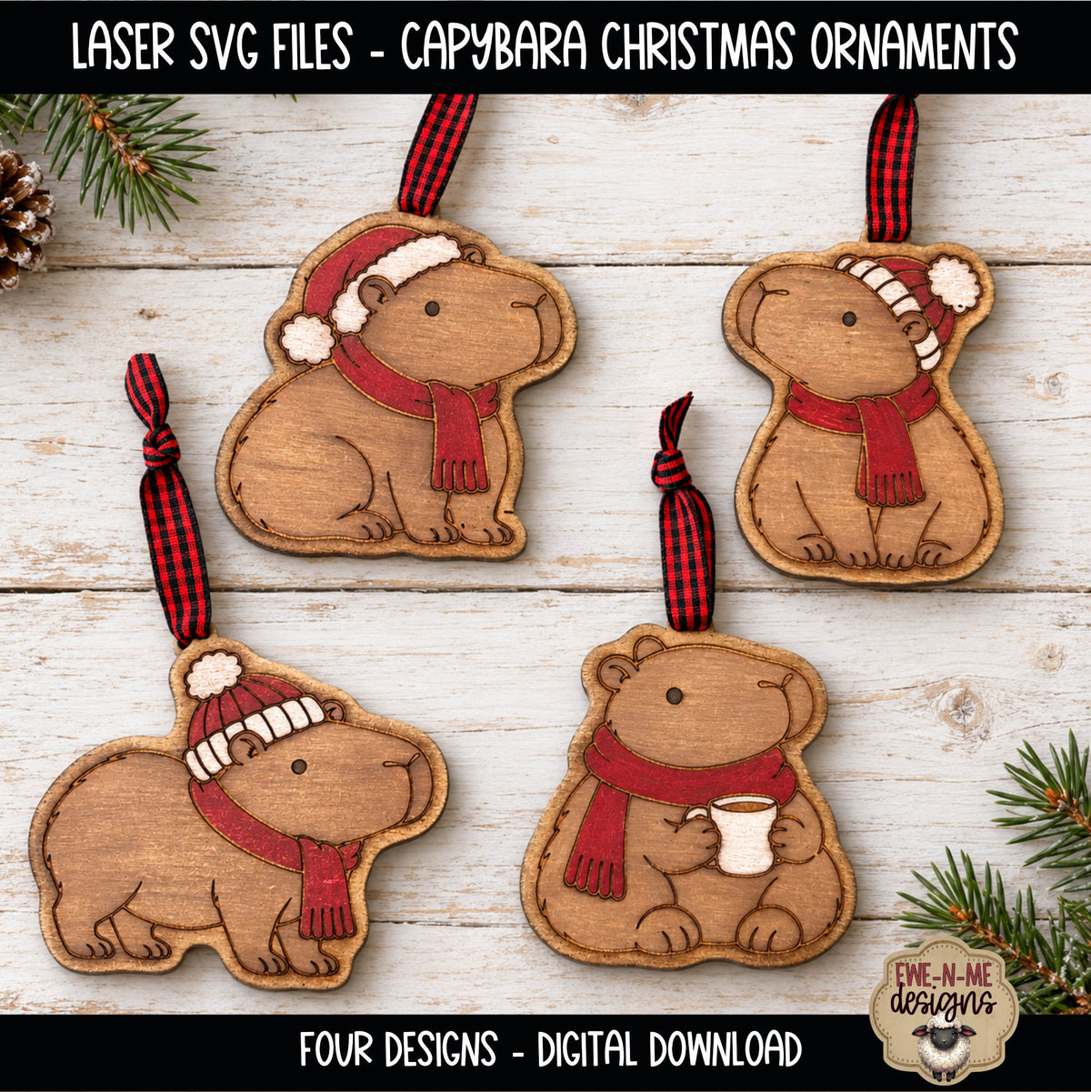 Capybara Christmas Ornaments | 4 Laser Cut SVG Files