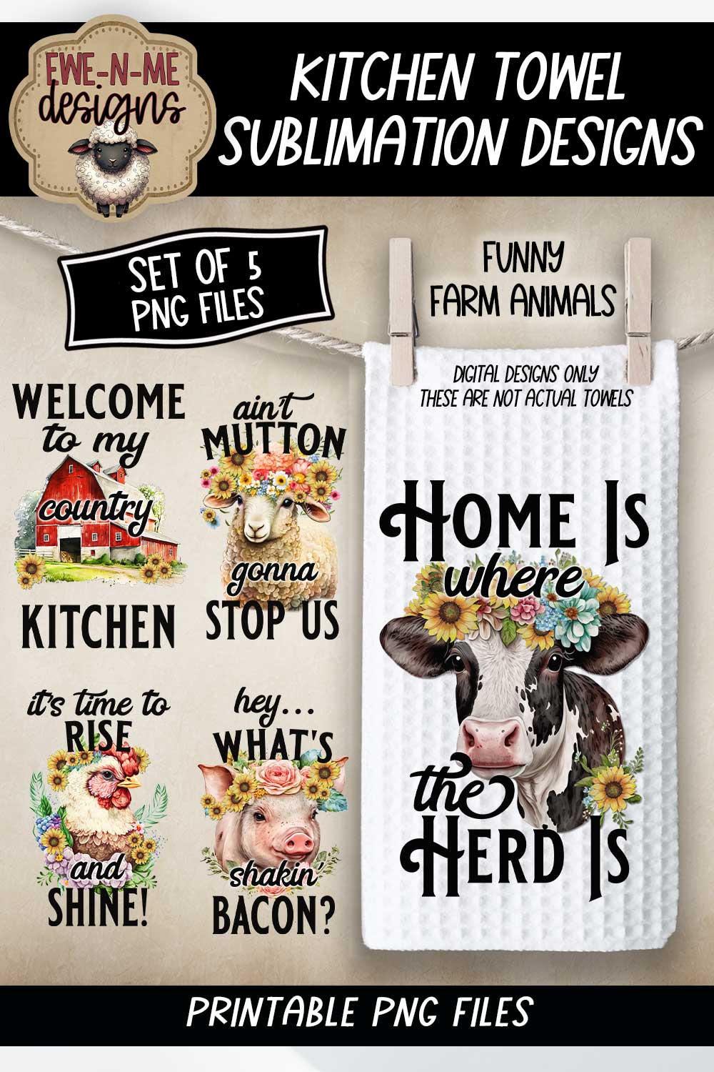 Funny Farm Animals - Bundle of 5 - Kitchen Towel Sublimation Designs (Copy)