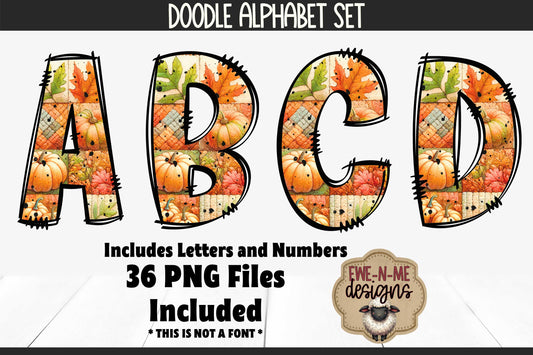Fall Patchwork Doodle Alphabet and Numbers | PNG Files