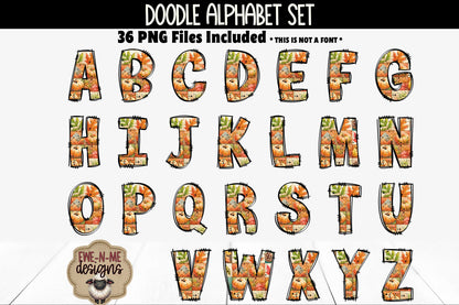 Fall Patchwork Doodle Alphabet and Numbers | PNG Files