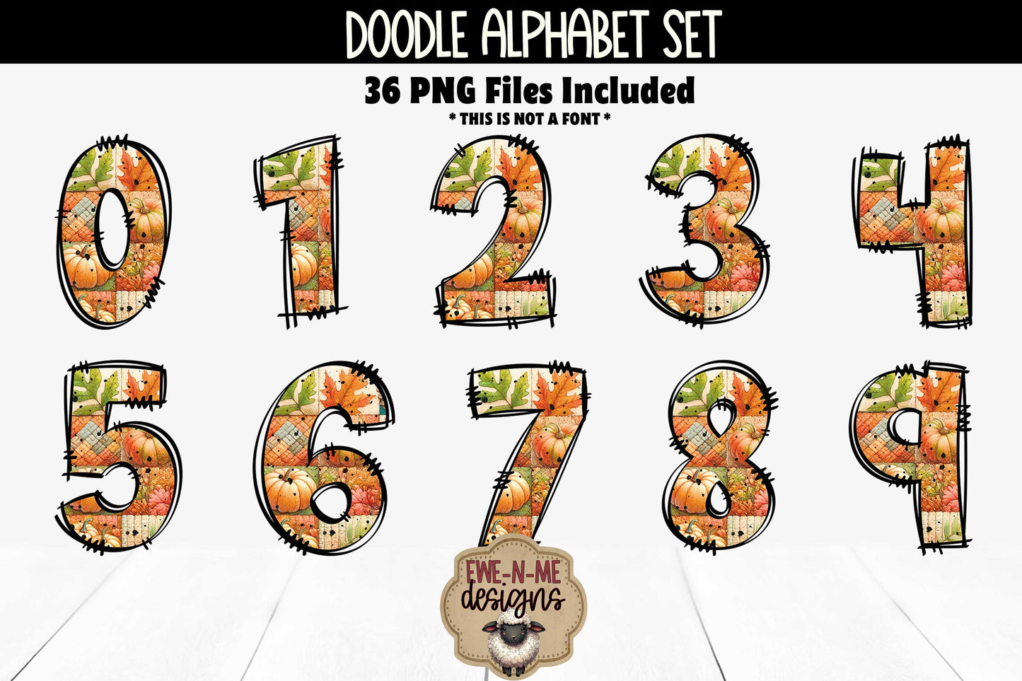 Fall Patchwork Doodle Alphabet and Numbers | PNG Files