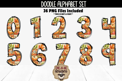 Fall Patchwork Doodle Alphabet and Numbers | PNG Files