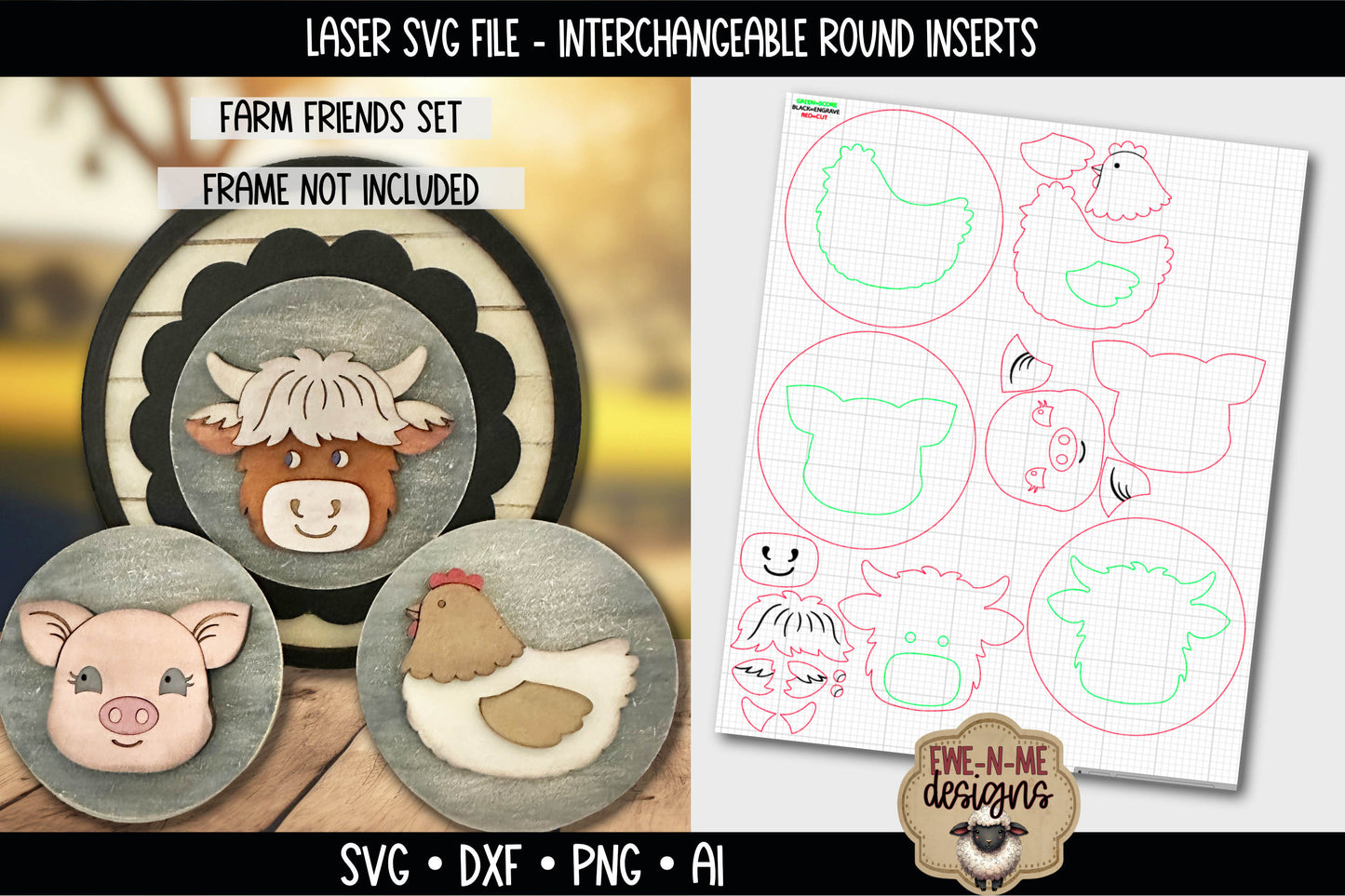 Interchangeable Round Sign Inserts - Farm Friends | Laser Cut SVG File