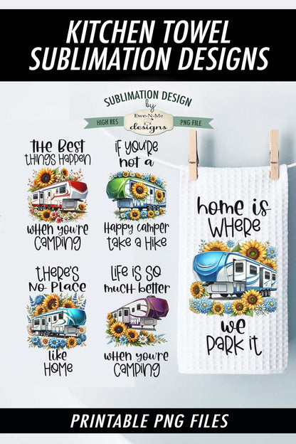 Fifth Wheel Campers with Flowers - Bundle of 5 - Kitchen Towel Sublimation Designs
