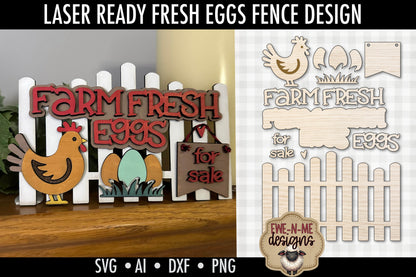 Farm Fresh Eggs Chicken and Fence - Laser Cut SVG File