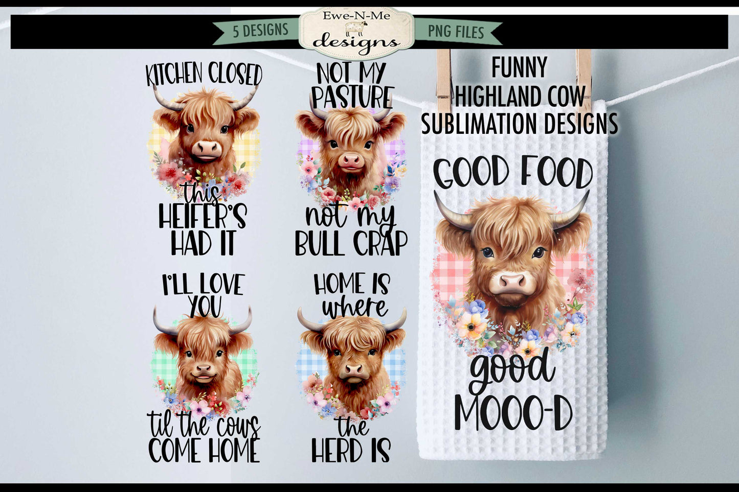 Funny Highland Cows - Bundle of 5 - Kitchen Towel Sublimation Designs