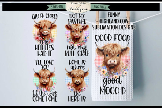Funny Highland Cows - Bundle of 5 - Kitchen Towel Sublimation Designs