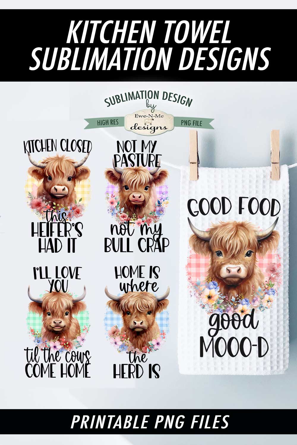 Funny Highland Cows - Bundle of 5 - Kitchen Towel Sublimation Designs