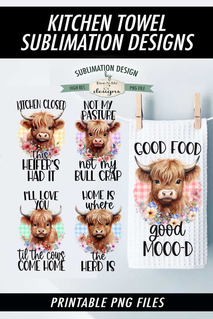 Funny Highland Cows - Bundle of 5 - Kitchen Towel Sublimation Designs