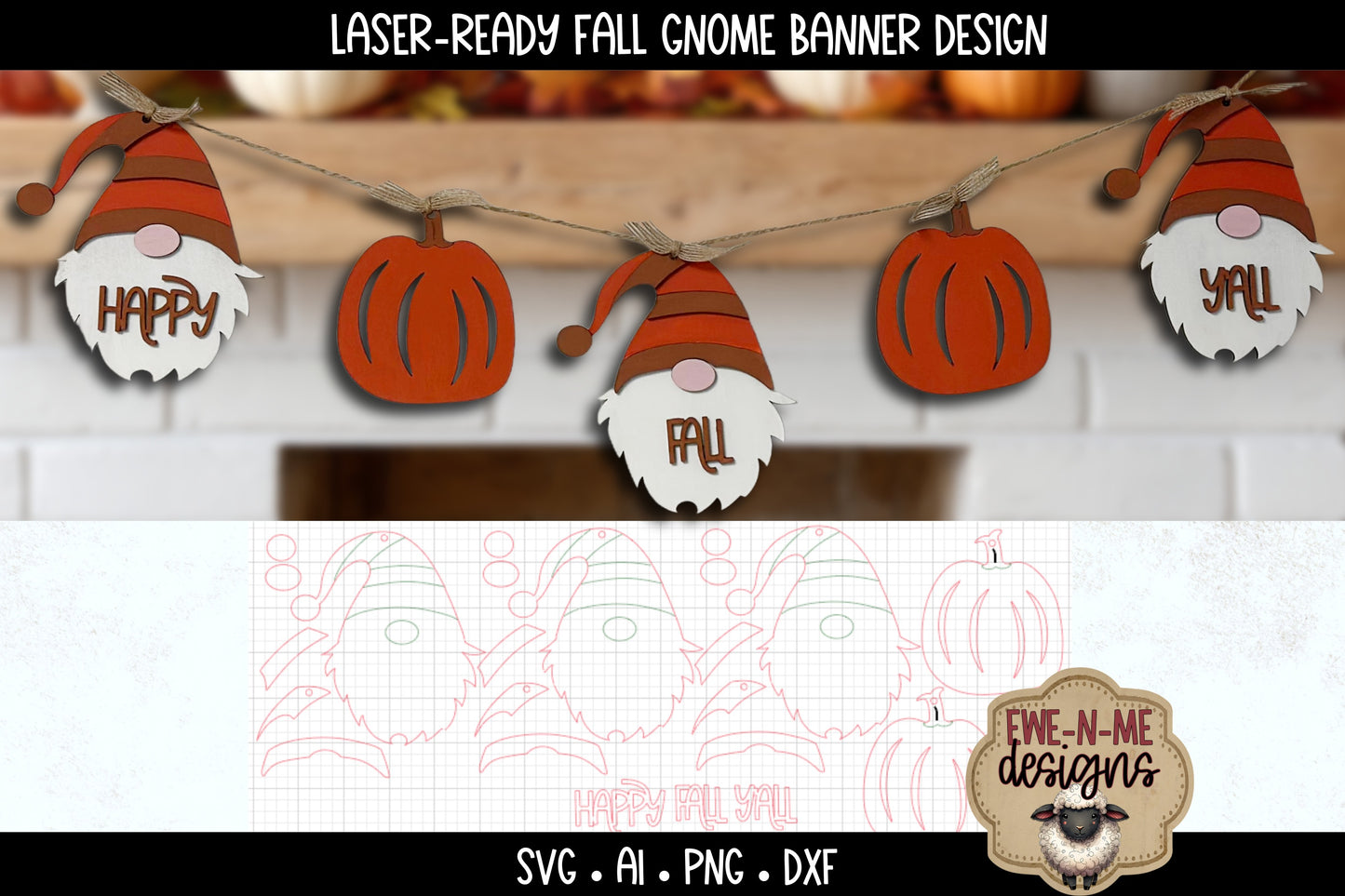 Happy Fall Gnome Pumpkin Banner - Laser Cut SVG