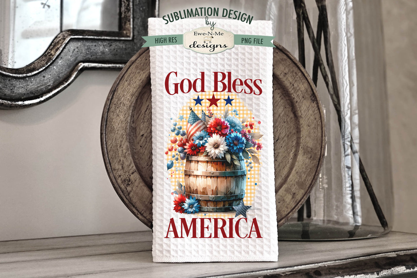 Patriotic Flowers in Wood Barrels - Kitchen Towel Sublimation Designs