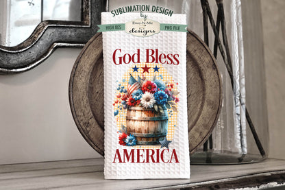 Patriotic Flowers in Wood Barrels - Kitchen Towel Sublimation Designs