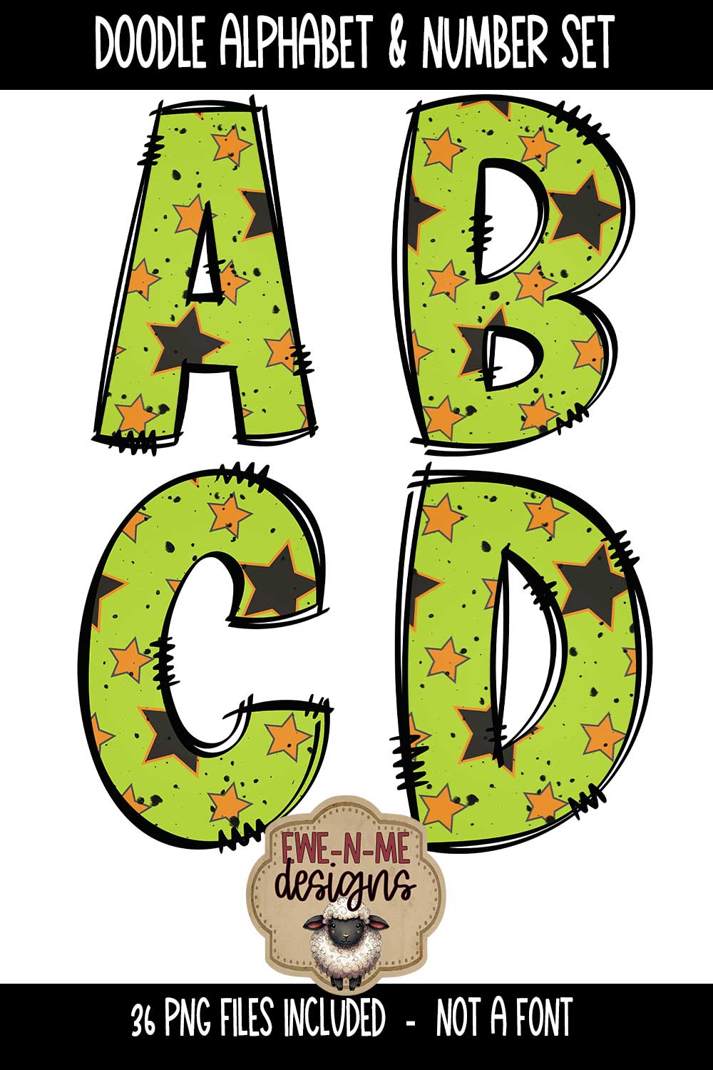 Green Halloween Doodle Alphabet and Numbers | PNG Files