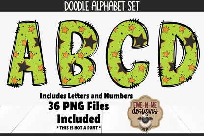 Green Halloween Doodle Alphabet and Numbers | PNG Files