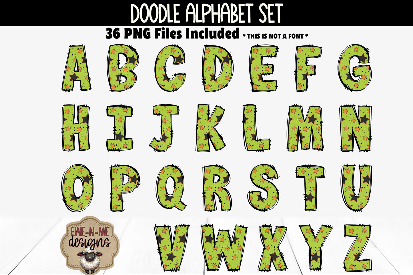 Green Halloween Doodle Alphabet and Numbers | PNG Files