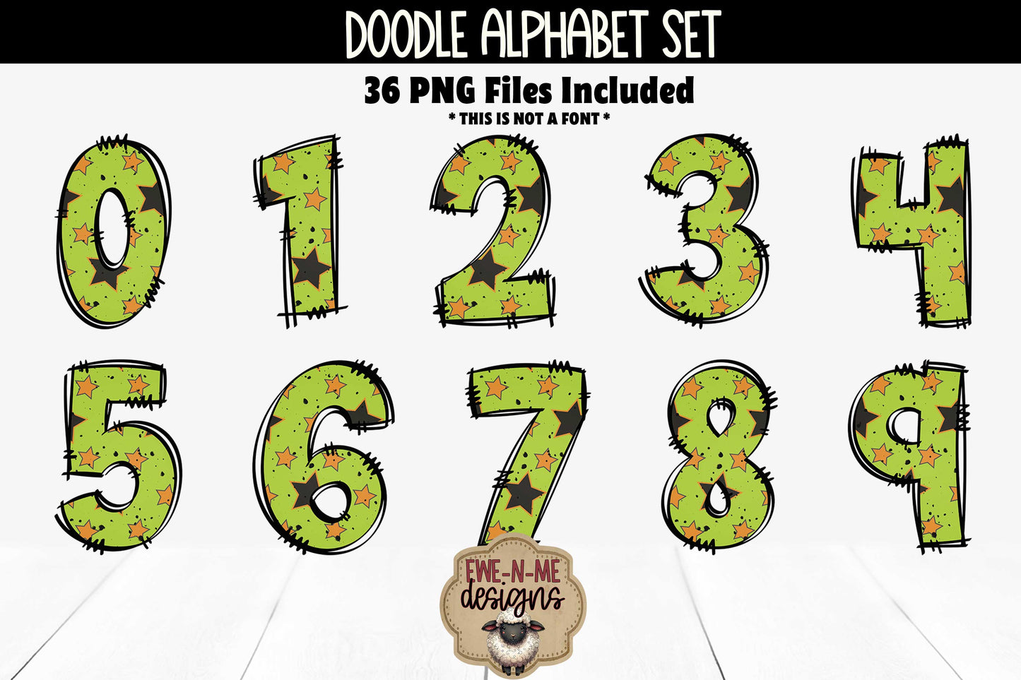 Green Halloween Doodle Alphabet and Numbers | PNG Files