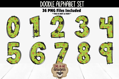 Green Halloween Doodle Alphabet and Numbers | PNG Files