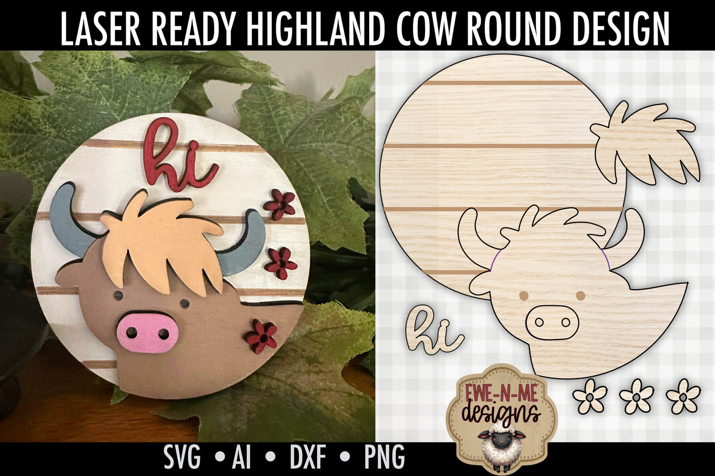 Highland Cow with Flowers Round - Laser Cut SVG