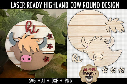 Highland Cow with Flowers Round - Laser Cut SVG