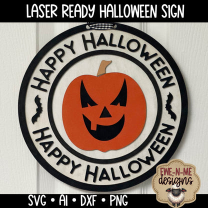 Happy Halloween Round Jack-O-Lantern Sign - Laser Cut SVG