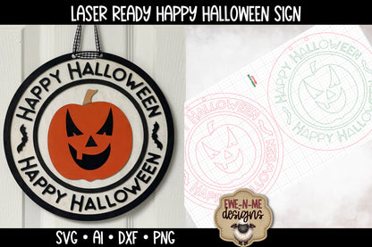 Happy Halloween Round Jack-O-Lantern Sign - Laser Cut SVG