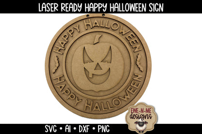 Happy Halloween Round Jack-O-Lantern Sign - Laser Cut SVG