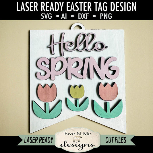 Hello Spring Tulips Tag - Laser Cut SVG File