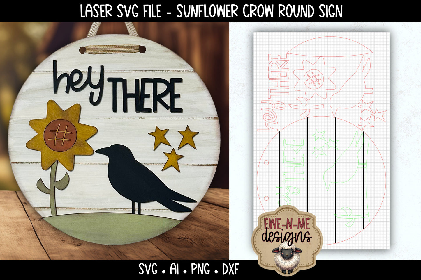 Hey There Sunflower Crow Round Sign | Laser Cut SVG File