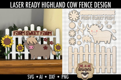 Farm Sweet Farm Highland Cow Fence - Laser Cut SVG File