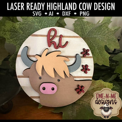 Highland Cow with Flowers Round - Laser Cut SVG