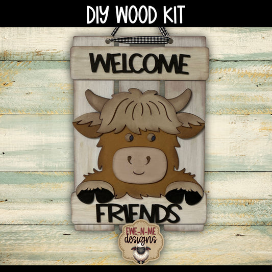 Welcome Friends Highland Cow Sign | DIY WOOD KIT