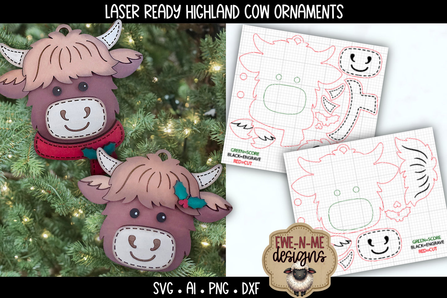 Highland Cow Ornament Duo | Laser Cut SVG File
