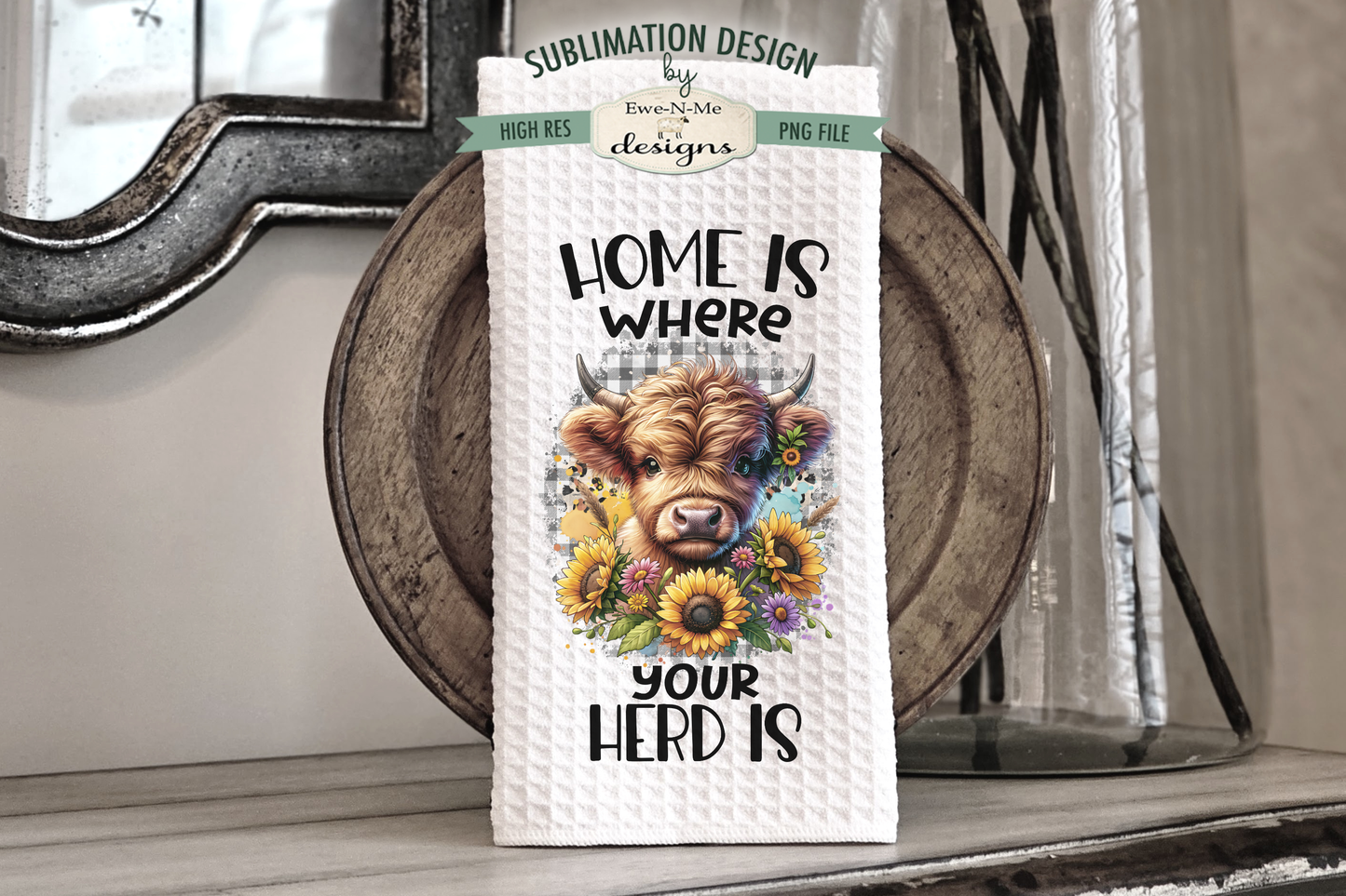 Highland Cow and Sunflowers - Kitchen Towel Sublimation Designs