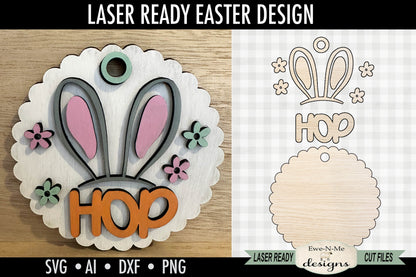 Hop Bunny Ears SVG – Round Easter Tag Laser Cut SVG File