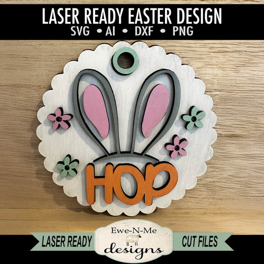 Hop Bunny Ears SVG – Round Easter Tag Laser Cut SVG File