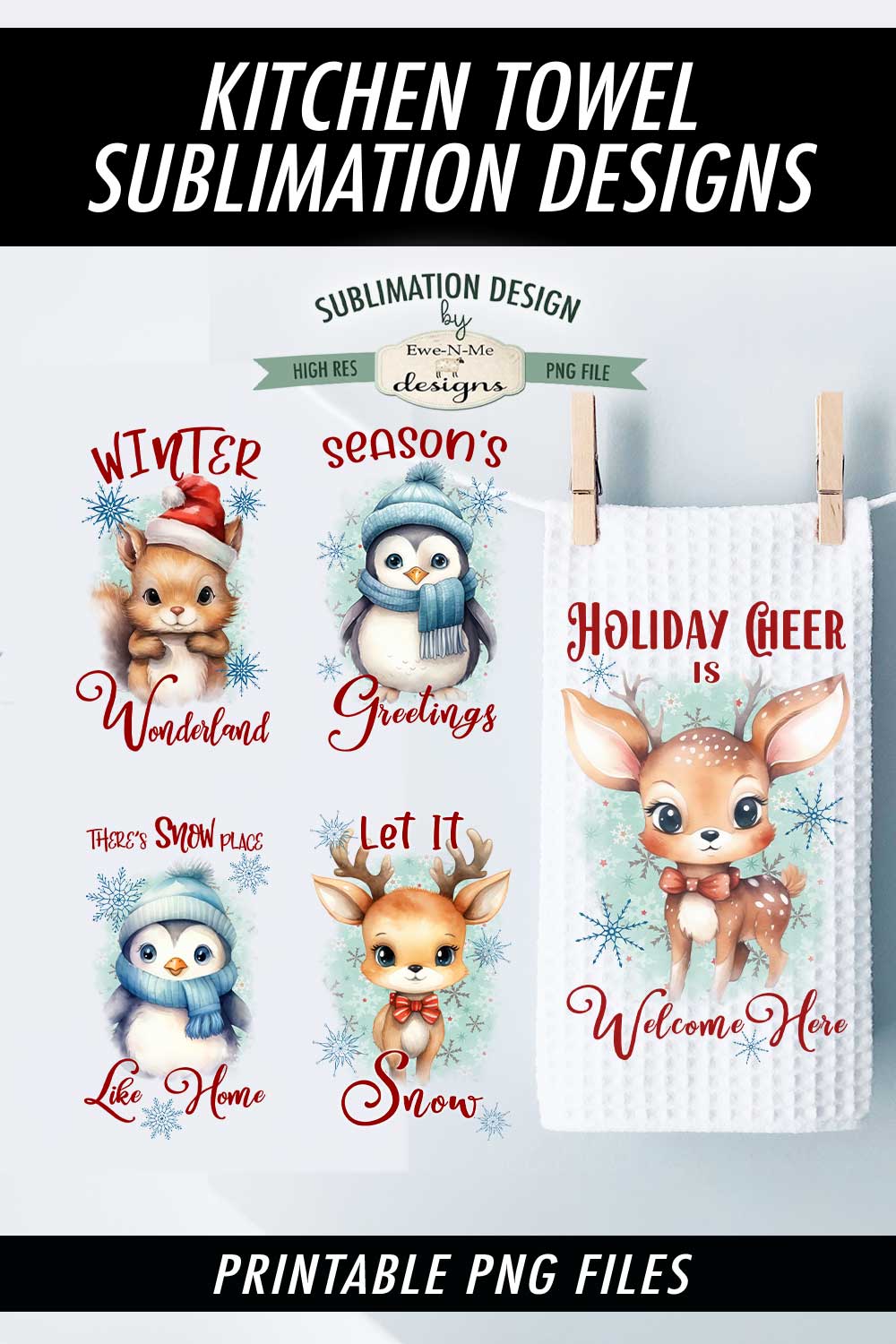 Holiday Critters - Bundle of 5 - Kitchen Towel Sublimation Designs