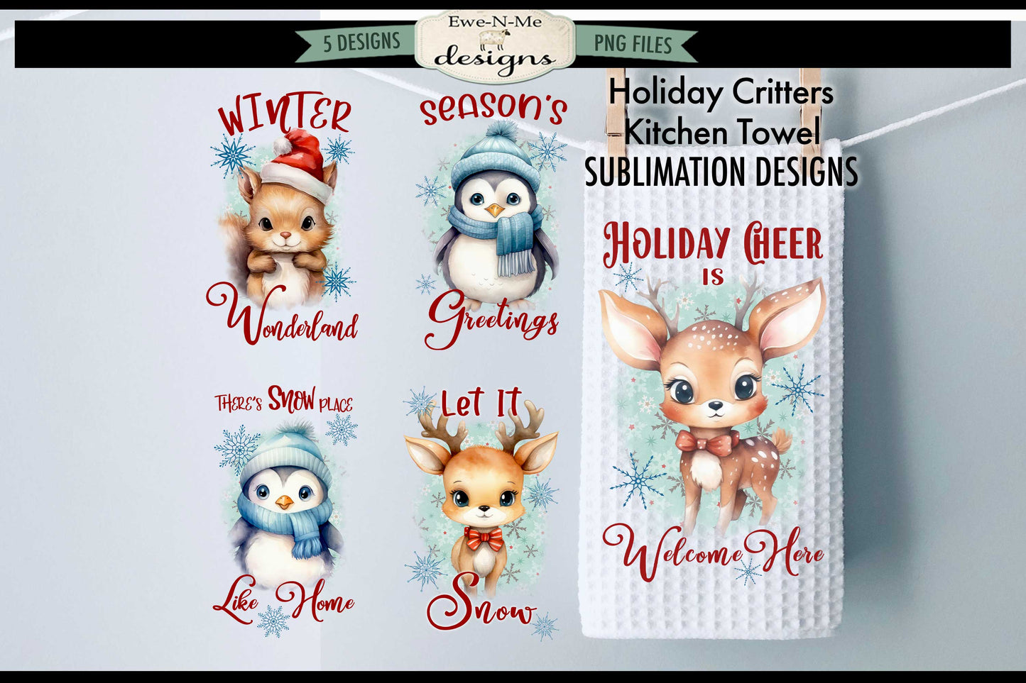 Holiday Critters - Bundle of 5 - Kitchen Towel Sublimation Designs