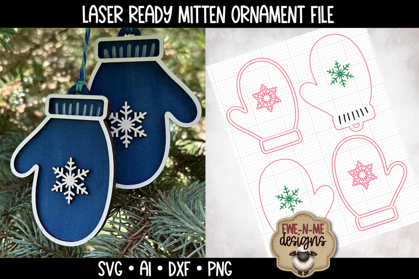 Snowflake Mittens Ornament  - Laser Cut SVG