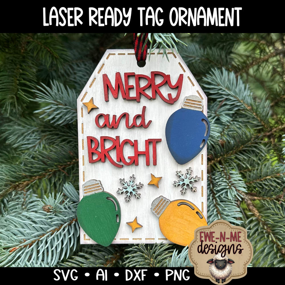 Merry Bright Christmas Lights Ornament Tag - Laser Cut SVG