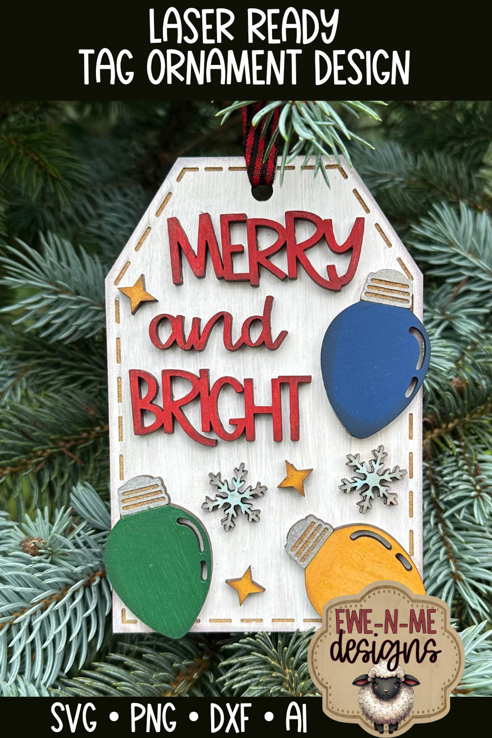 Merry Bright Christmas Lights Ornament Tag - Laser Cut SVG