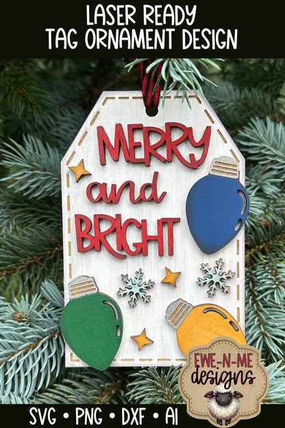 Merry Bright Christmas Lights Ornament Tag - Laser Cut SVG