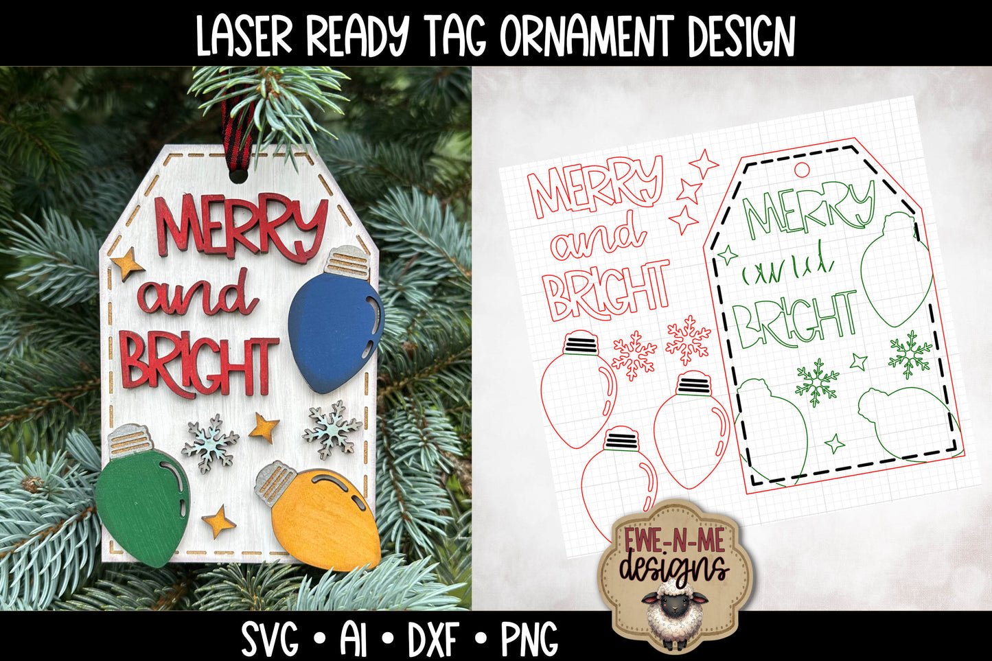 Merry Bright Christmas Lights Ornament Tag - Laser Cut SVG