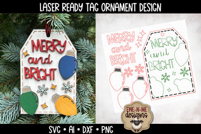 Merry Bright Christmas Lights Ornament Tag - Laser Cut SVG