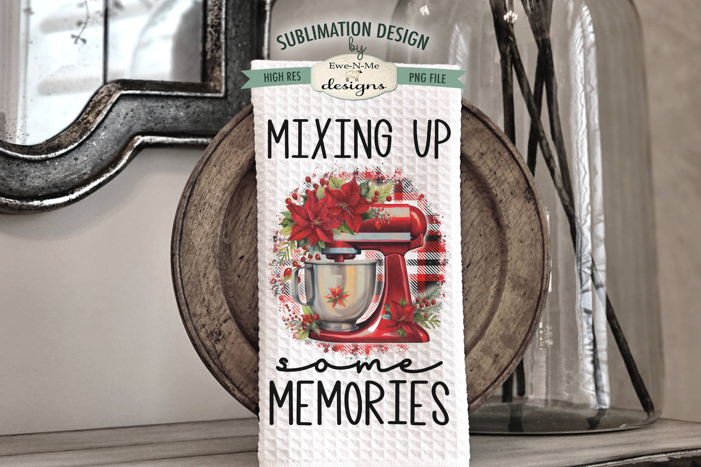Red Christmas Stand Mixers Poinsettia - Kitchen Towel Sublimation Designs