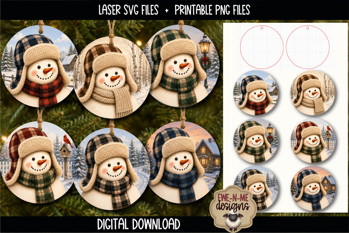 Trapper Hat Snowman Ornament Bundle | Laser Cut SVG File + Printable PNG Files with Bonus Sticker File